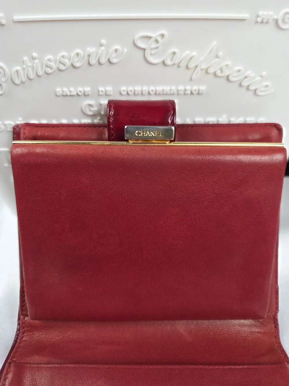 Vintage Chanel Red Patent Leather Oversized CC Kiss Lock Wallet